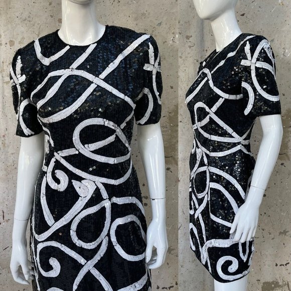 Vintage 80’s/90’s Sequined Dress by Lawrence Kazar, Black & White Swirls, M - Picture 3 of 5